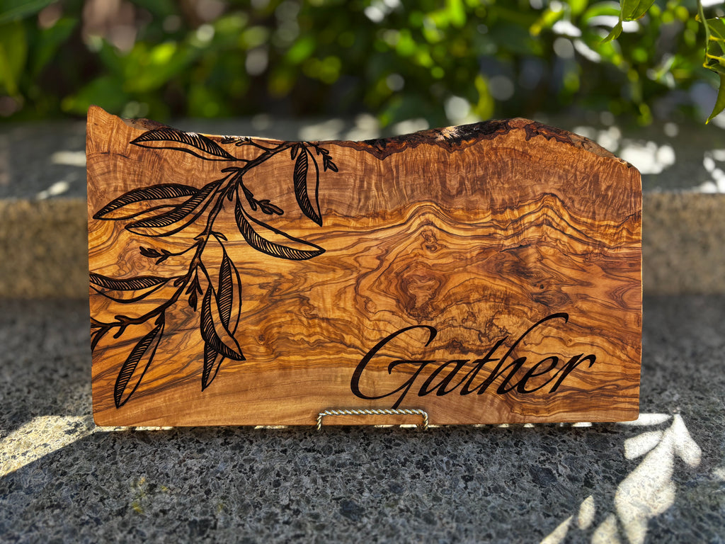 Rustic Live-Edge Olive Wood Charcuterie and Cutting Board - Olive Leaves