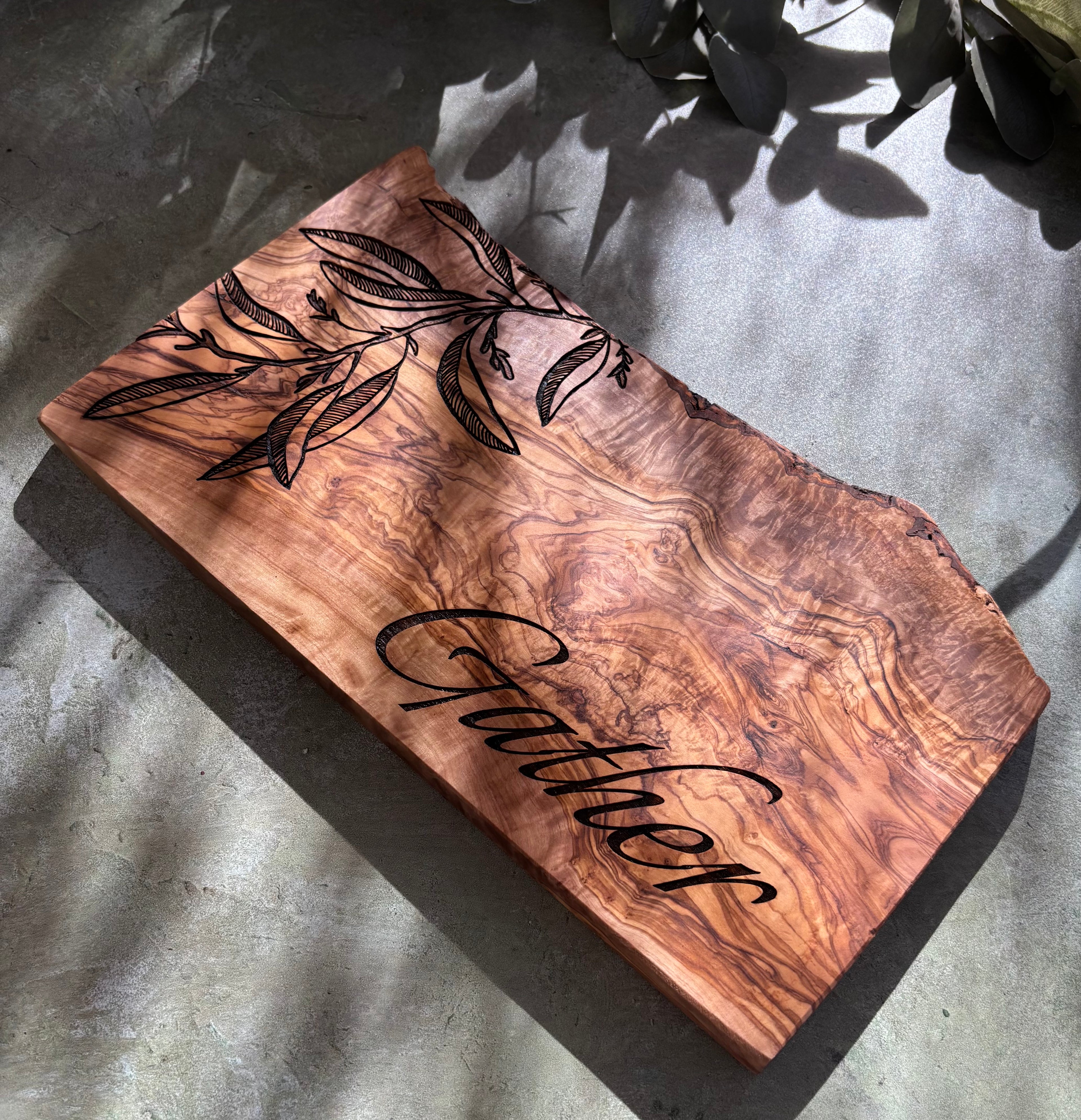 Rustic Live-Edge Olive Wood Charcuterie and Cutting Board - Olive Leaves