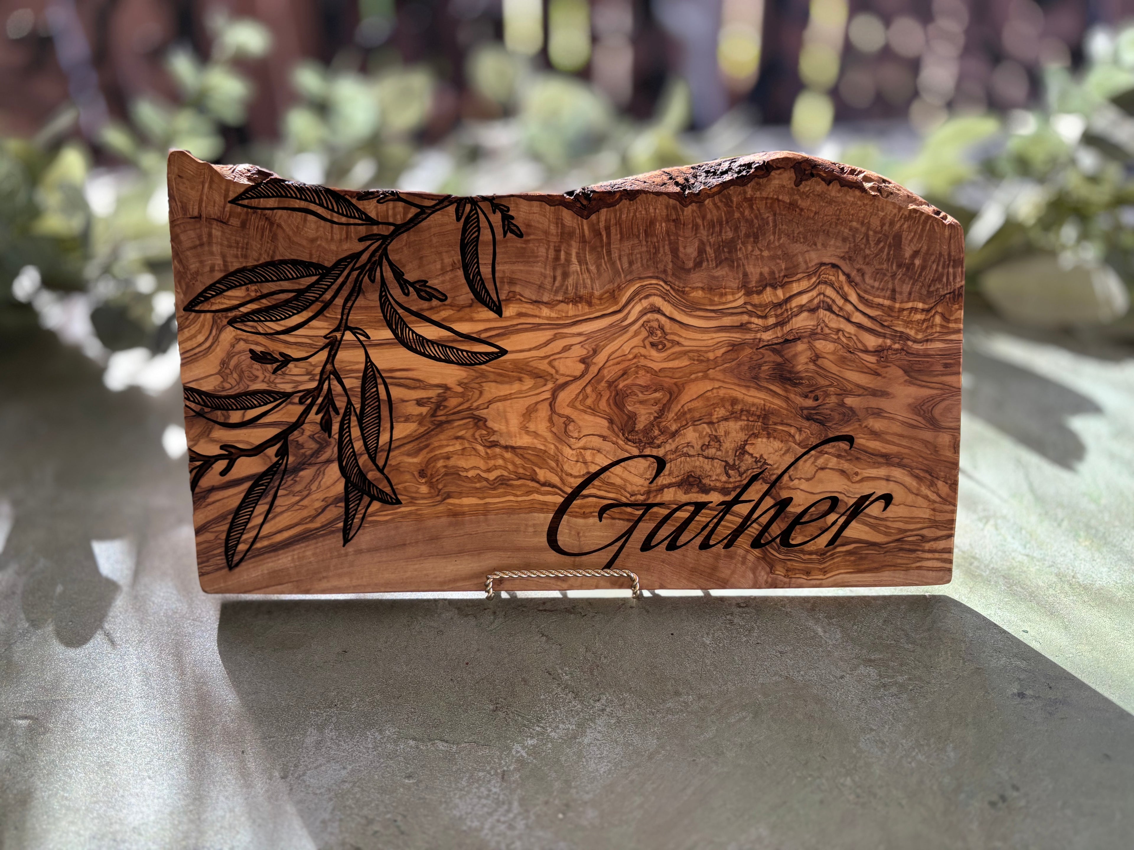 Rustic Live-Edge Olive Wood Charcuterie and Cutting Board - Olive Leaves